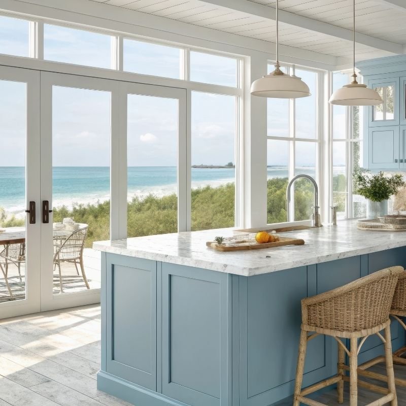A modern kitchen featuring blue cabinets and a scenic view of the ocean through large windows.
