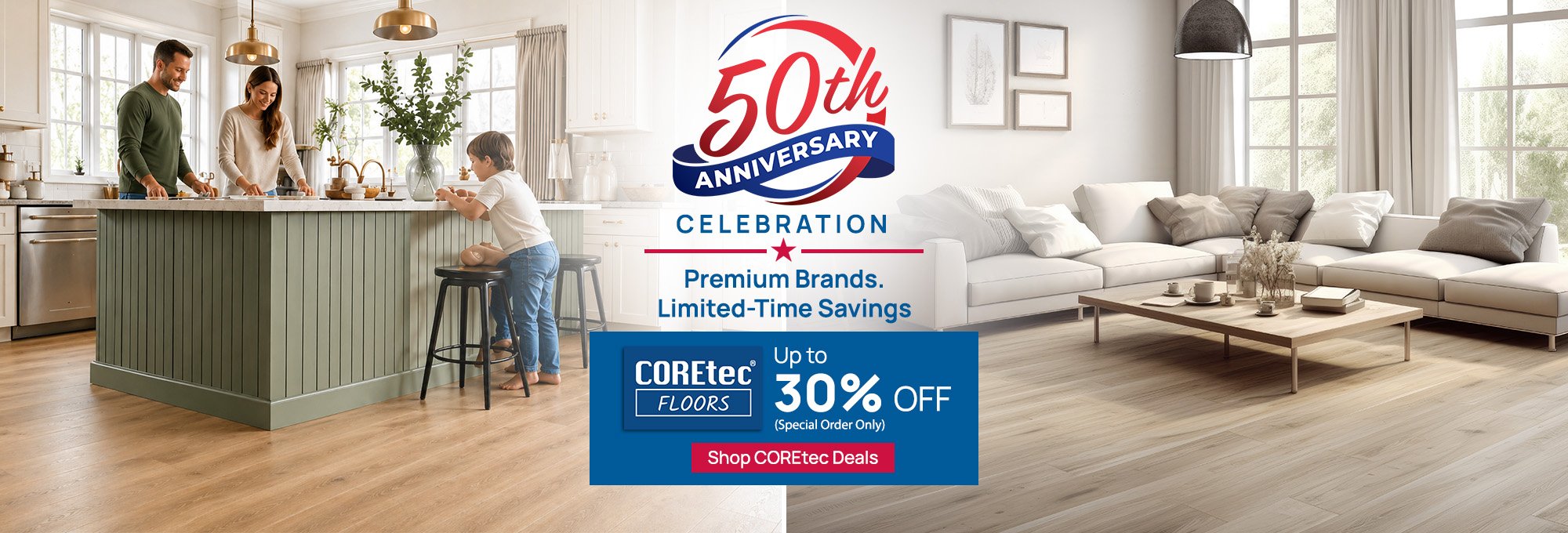 July COREtec Flooring Event announcement with promotional graphics and vibrant colors.