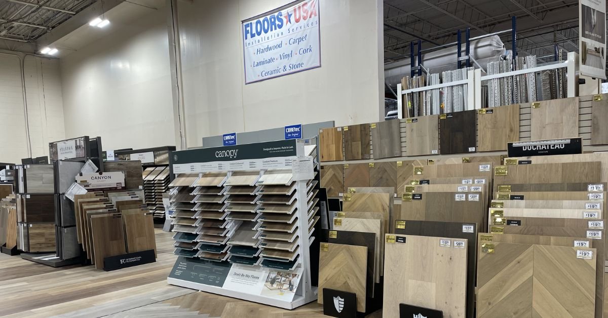 Floors USA display showcasing various types of wood flooring options arranged neatly for customer selection.