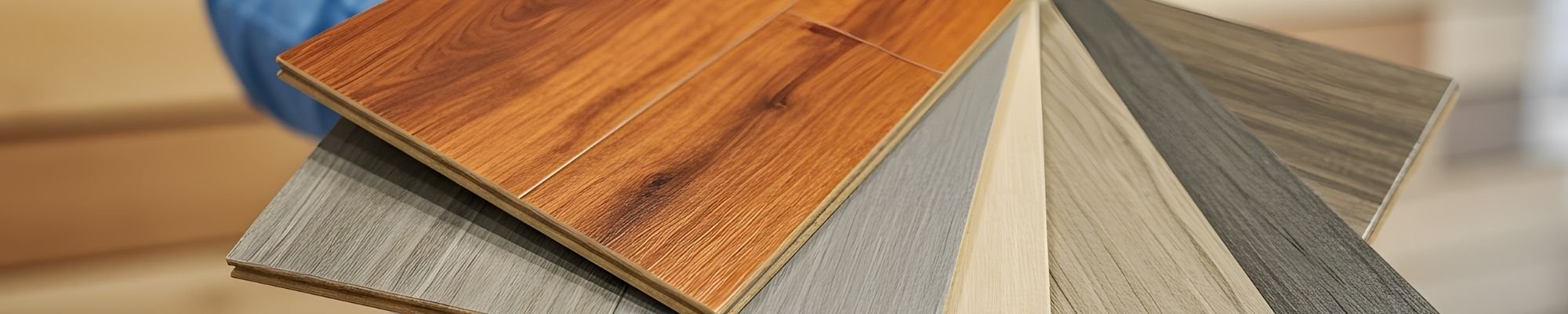 A person holding a variety of wood flooring samples, showcasing different colors and textures for selection.