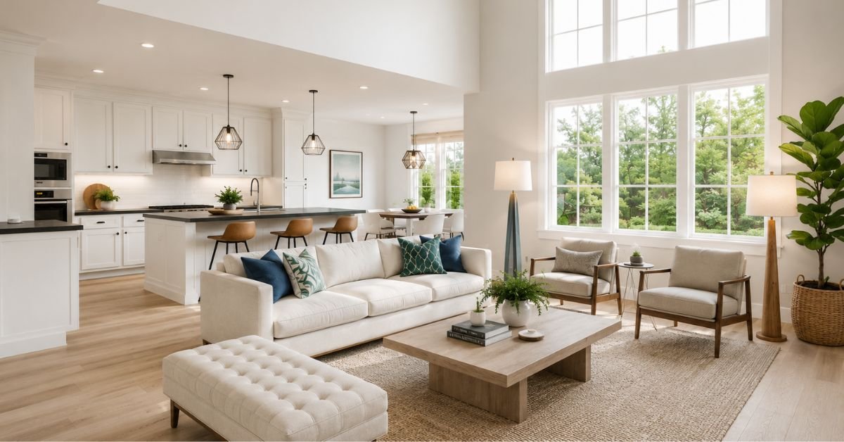A bright, spacious living room featuring white furniture and minimal decor, creating a clean and inviting atmosphere.