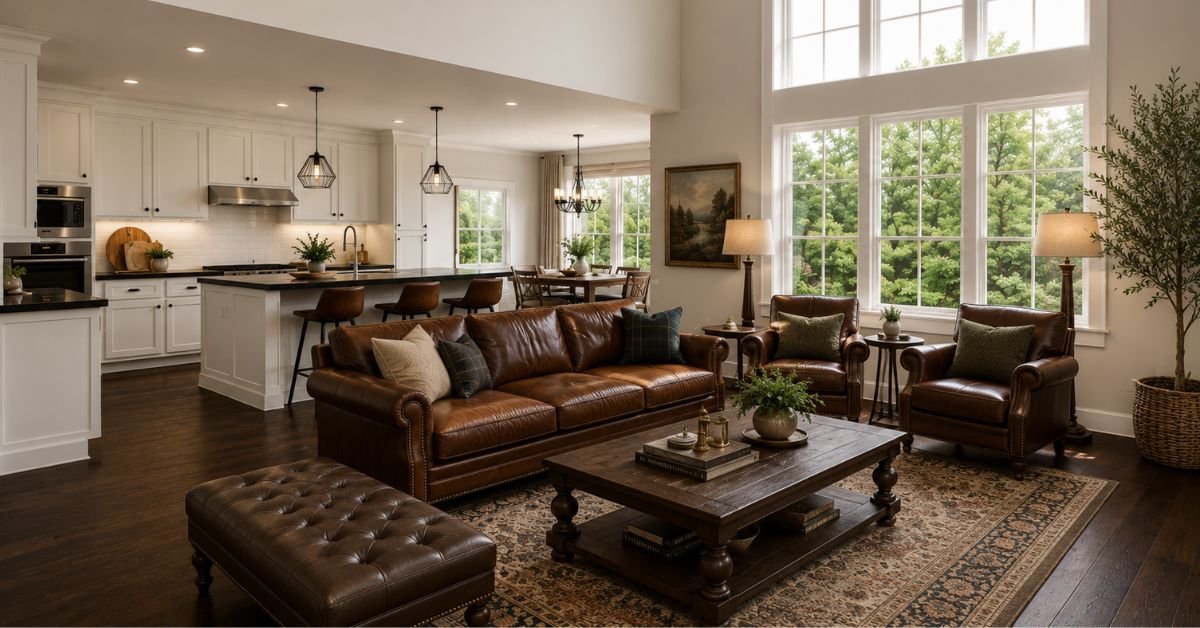 A cozy living room featuring a leather couch and a wooden coffee table, creating a warm and inviting atmosphere.