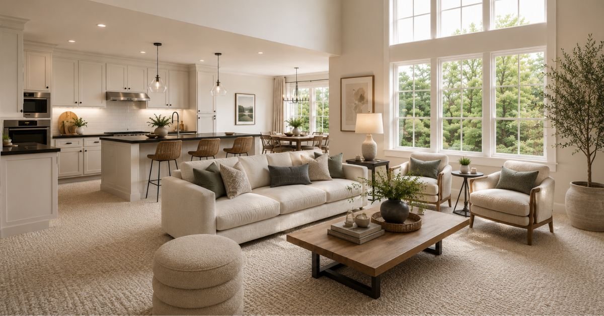 A spacious living room featuring a kitchen and dining area, with modern furnishings and warm lighting.