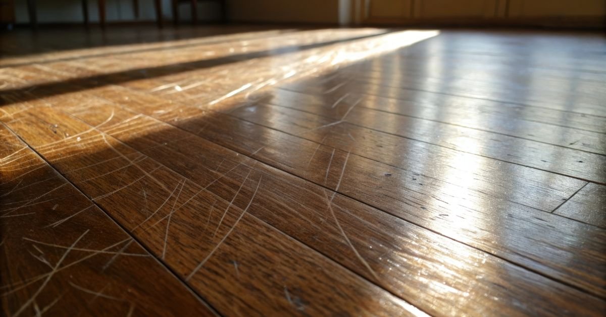 Close-up of a wooden floor illuminated by sunlight, highlighting the grain and texture of the wood.