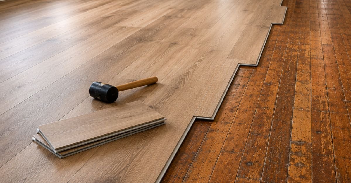 A standard hammer and a claw hammer positioned on a wooden floor, highlighting their distinct shapes and materials.