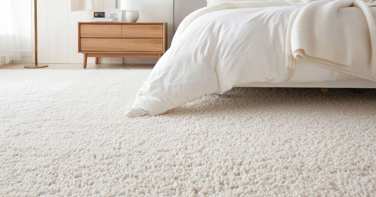cozy bedroom featuring a white carpet and a neatly made bed, creating a serene and inviting atmosphere.