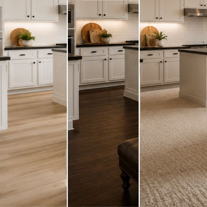 A collage of three images showcasing various living room and kitchen designs, highlighting different styles and layouts.
