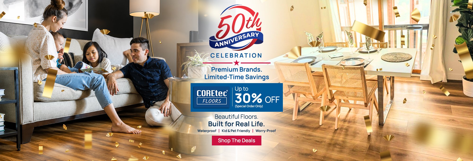 COREtec Flooring Event announcement with promotional graphics and vibrant colors.