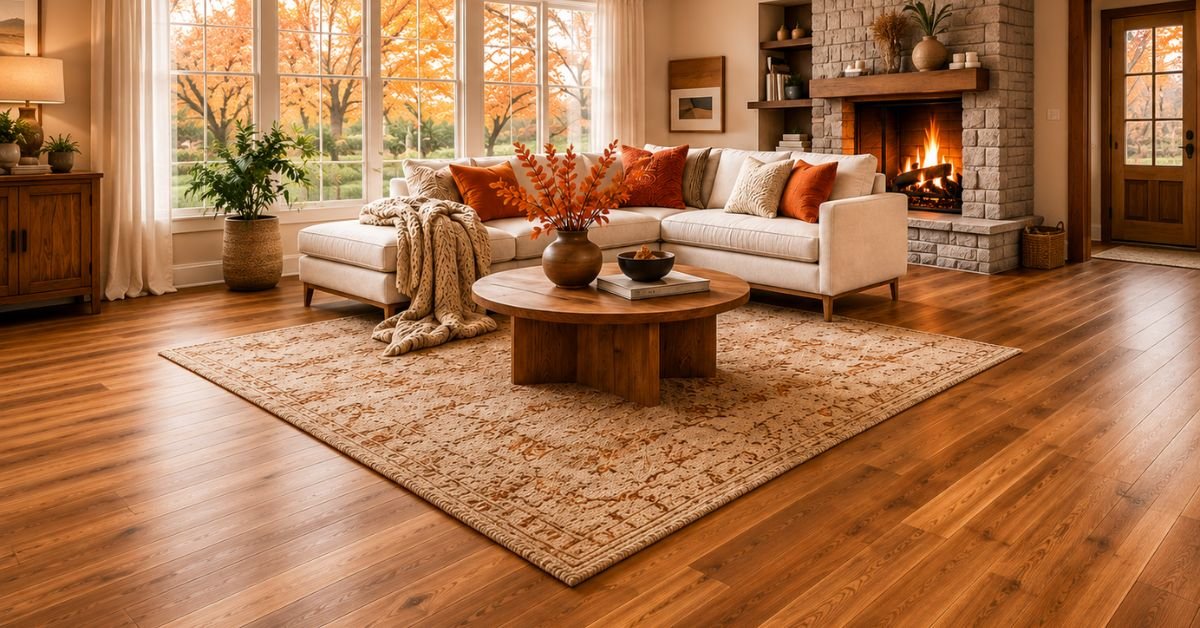 A cozy living room featuring hardwood floors, a warm fireplace, and comfortable seating arrangements.