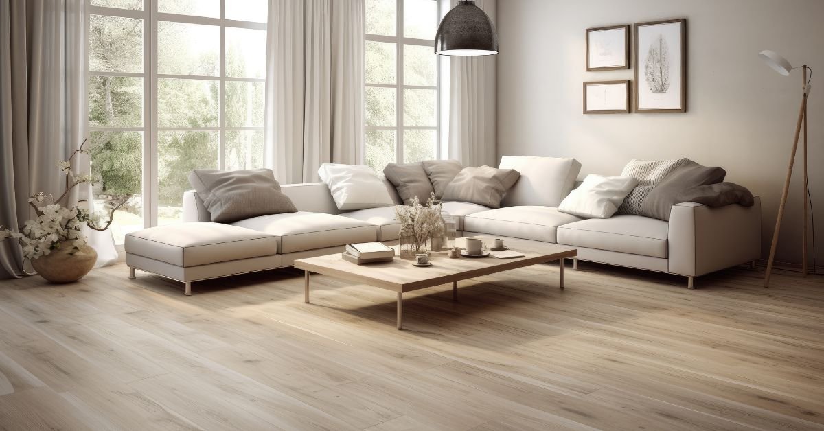 A spacious living room featuring wooden floors and elegant white furniture, creating a bright and inviting atmosphere.