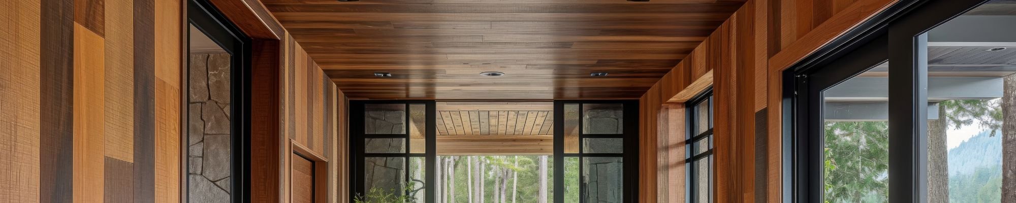 Interior hallway showcasing wooden paneling and transparent glass doors, enhancing natural light.