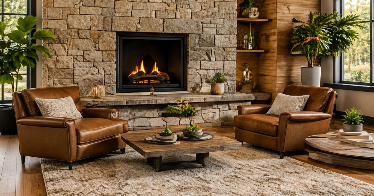 A cozy living room featuring a stone fireplace and two leather chairs, creating a warm and inviting atmosphere.