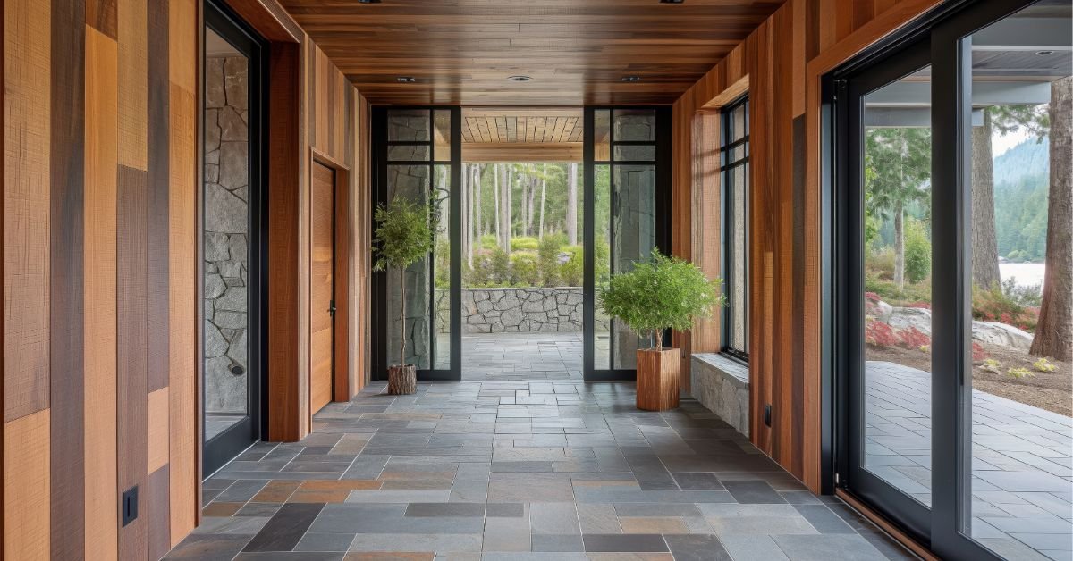 A hallway featuring wooden walls and glass doors, creating a warm and inviting atmosphere.