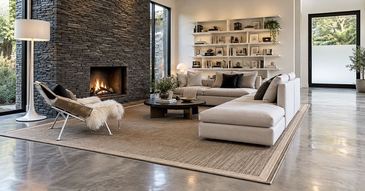 A modern living room featuring a cozy fireplace and large windows allowing natural light to fill the space.