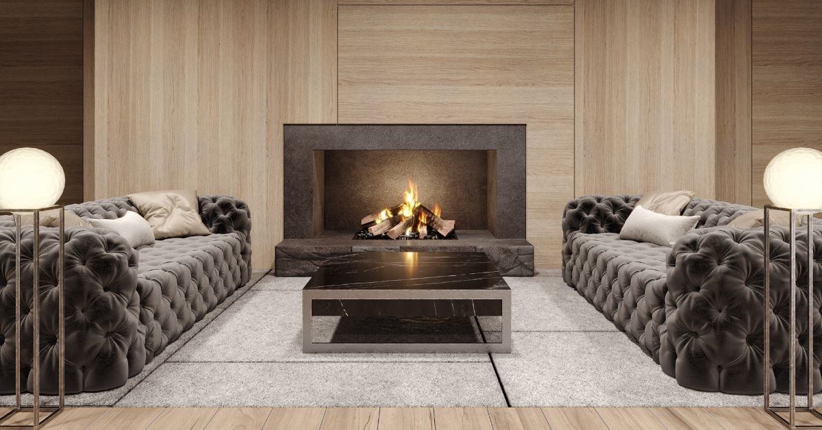 A cozy living room featuring two couches arranged around a fireplace, creating a warm and inviting atmosphere.