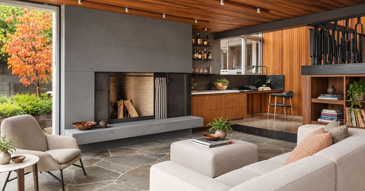 A modern living room featuring a cozy fireplace and a stylish couch, creating a warm and inviting atmosphere.