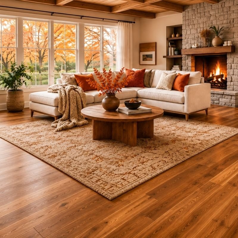 A cozy living room featuring hardwood floors, a warm fireplace, and comfortable seating arrangements.