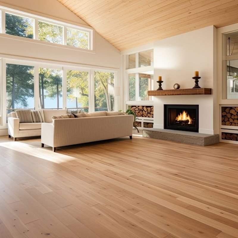 A spacious living room featuring wood floors and a cozy fireplace, creating a warm and inviting atmosphere.