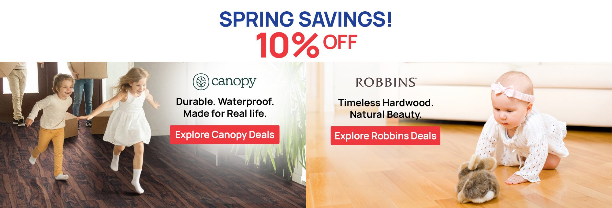 Floors USA spring savings promotion banner, featuring Canopy and Robbins.