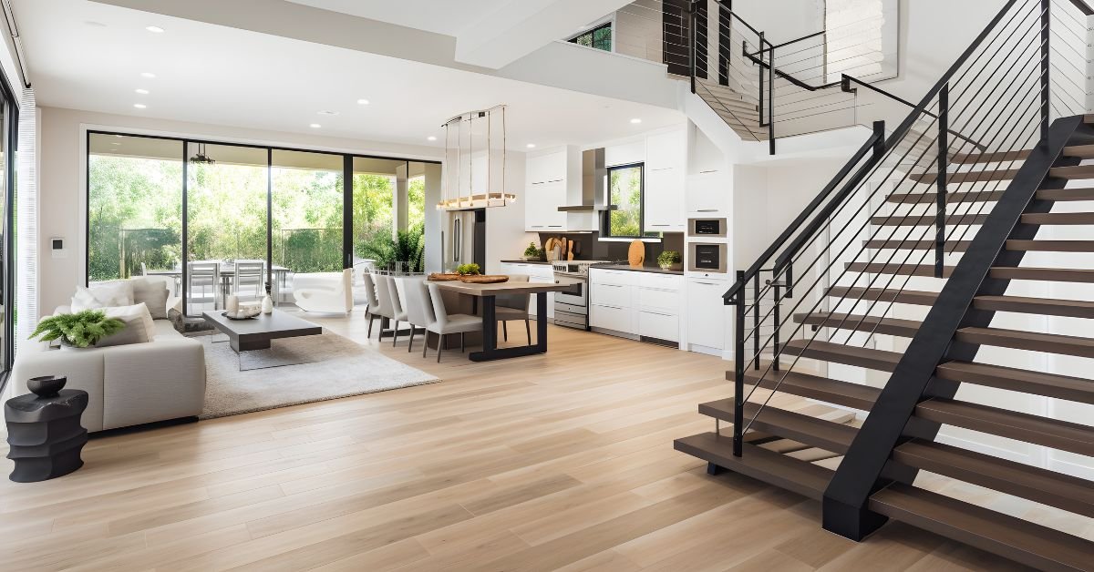 A modern living room featuring stairs leading to a kitchen, showcasing contemporary furniture and open space design.