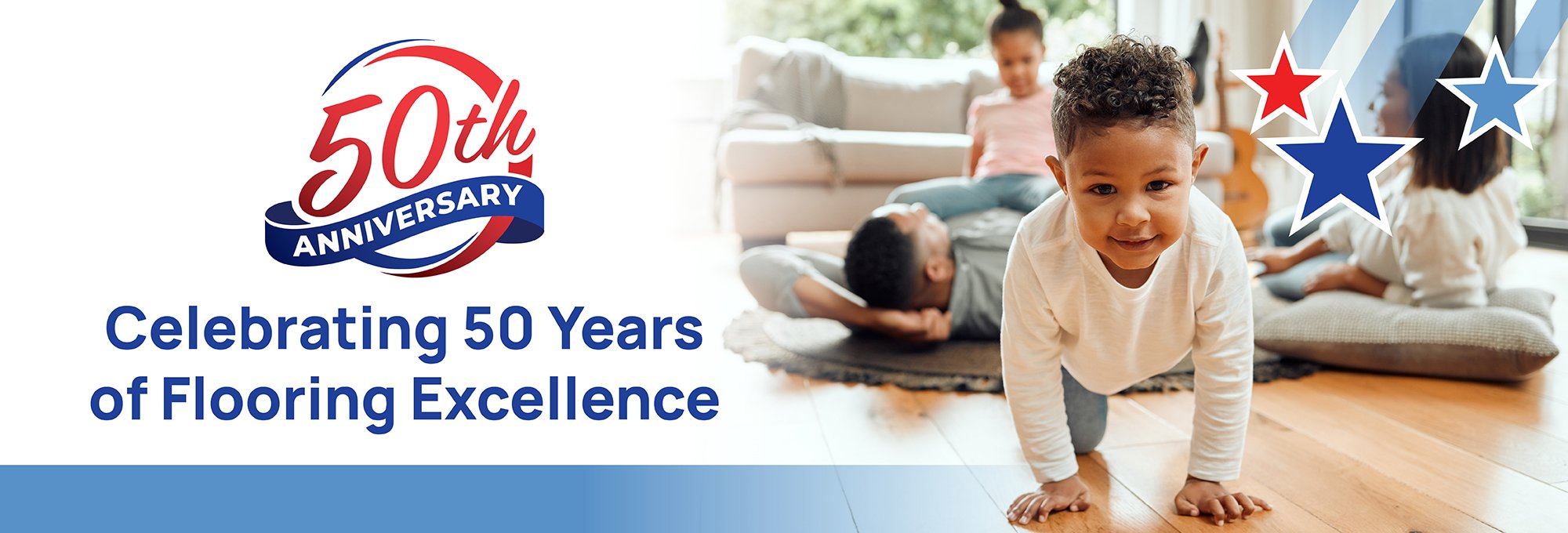 Commemorative image marking 50 years of flooring excellence, featuring a decorative banner and celebratory elements.