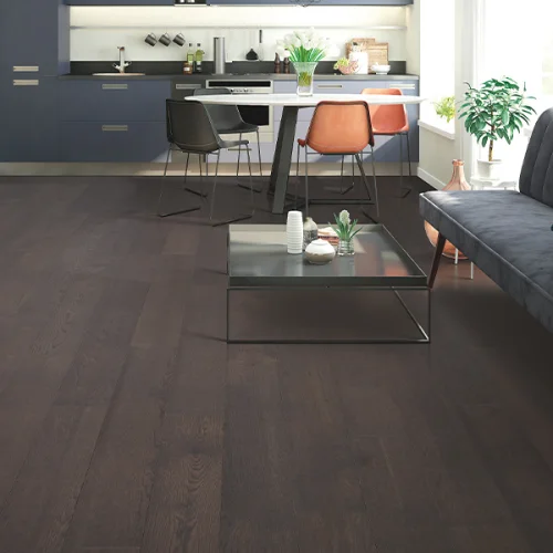 Open concept kitchen with dark hardwood flooring