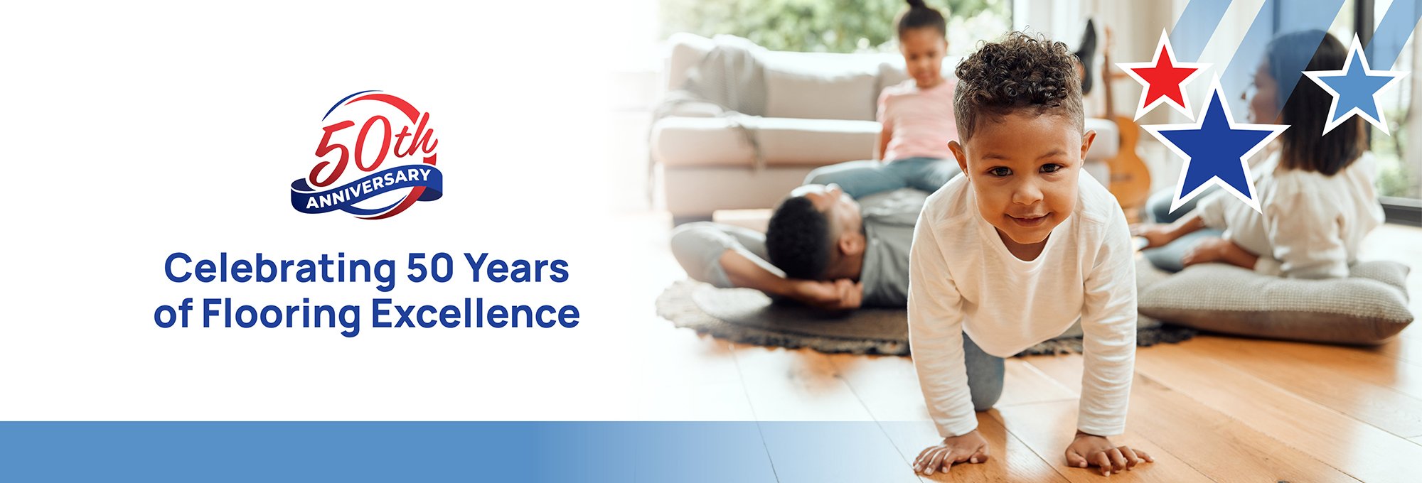 Commemorative image marking 50 years of flooring excellence, featuring a decorative banner and celebratory elements.