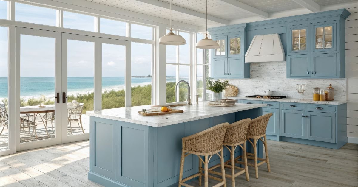 A blue kitchen with white cabinets, featuring a scenic view of the ocean through a large window.