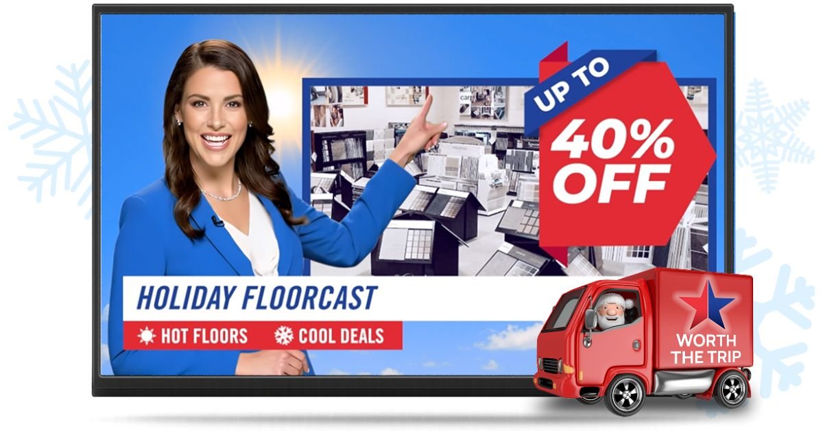 A woman in a blue shirt and jacket holds a TV displaying the words "Holiday Floorcast."
