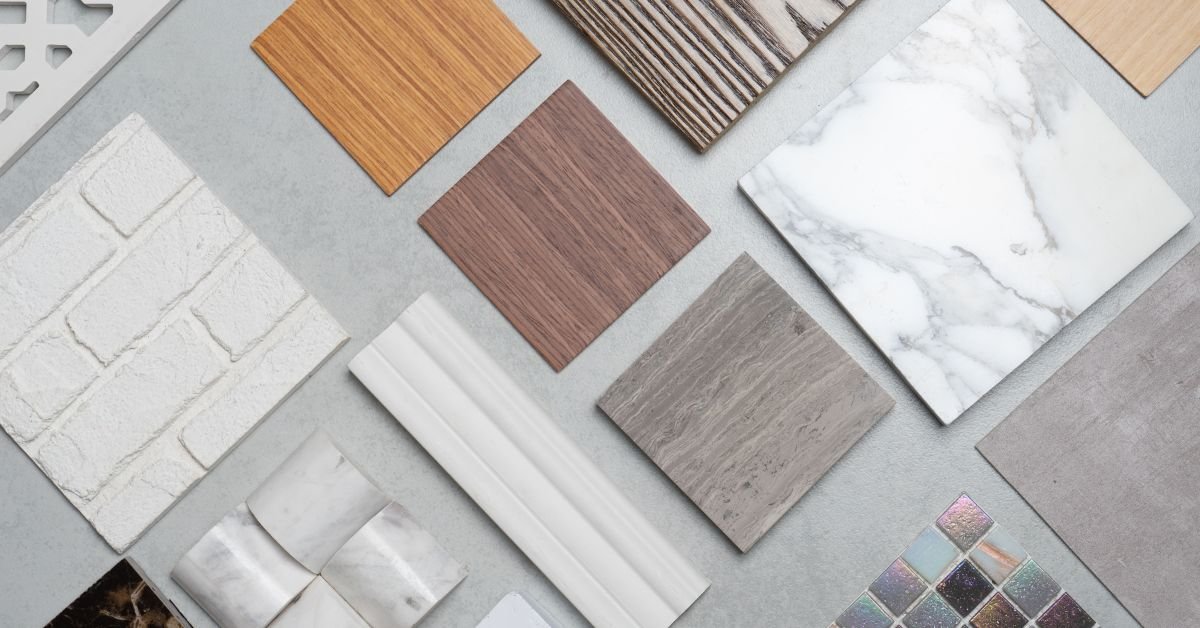 An assortment of flooring materials, including wood, tile, and carpet, highlighting different styles and patterns.