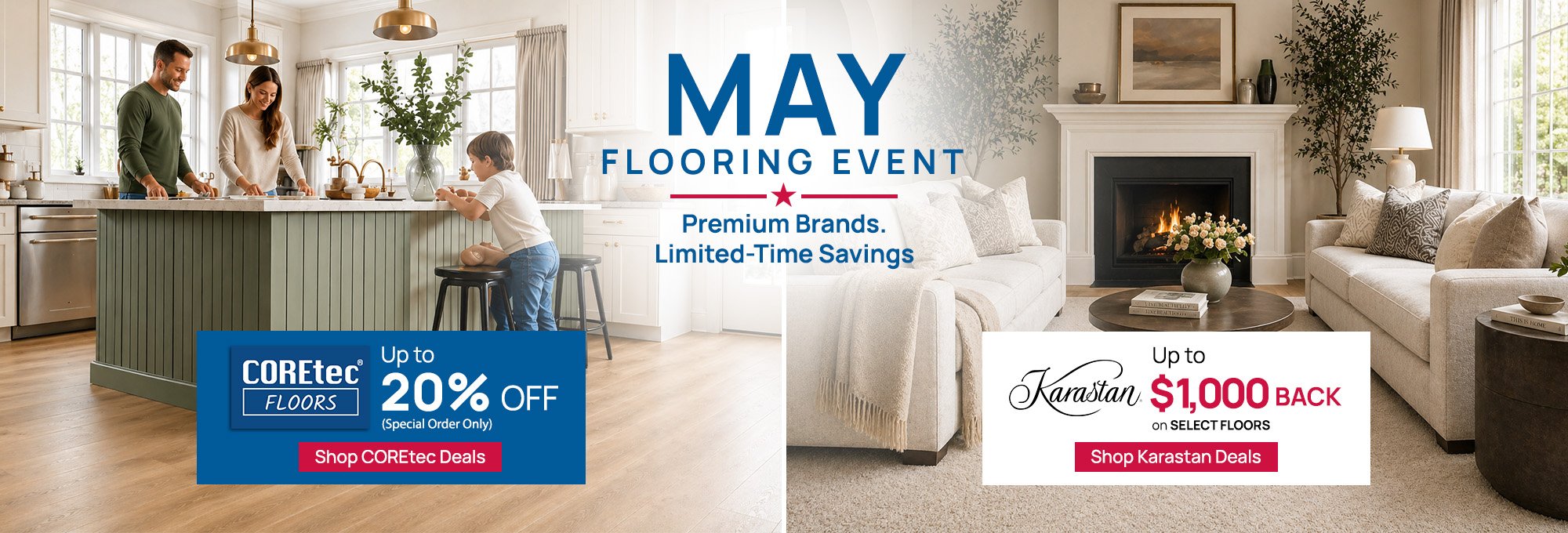 The May Flooring Event is now live, featuring exclusive deals and promotions on various flooring options.