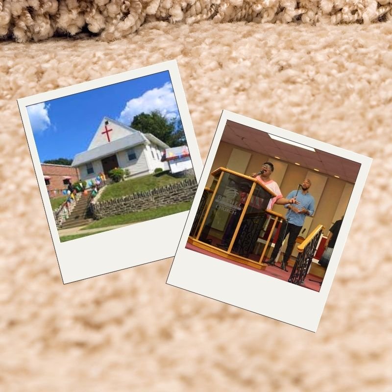 Two images of individuals standing in front of a church, showcasing the building's architecture and the people’s attire.